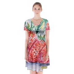 Strawberry Watercolor Figure Short Sleeve V-neck Flare Dress