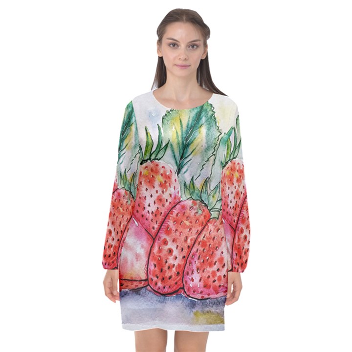 Strawberry Watercolor Figure Long Sleeve Chiffon Shift Dress 