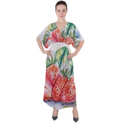 Strawberry Watercolor Figure V-neck Boho Style Maxi Dress