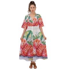 Strawberry Watercolor Figure Kimono Sleeve Boho Dress