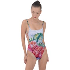 Strawberry Watercolor Figure Tie Strap One Piece Swimsuit