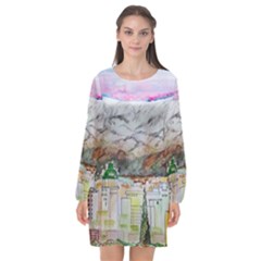 Mendoza City Argentina Mountains Long Sleeve Chiffon Shift Dress  by Wegoenart