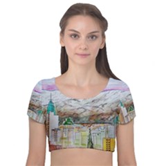 Mendoza City Argentina Mountains Velvet Short Sleeve Crop Top  by Wegoenart