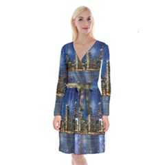 City Smart Modern Future Connect Long Sleeve Velvet Front Wrap Dress by Wegoenart