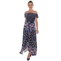 Background Kaleidoscope Abstract Off Shoulder Open Front Chiffon Dress