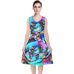 Abstract Flower Painting V-neck Midi Sleeveless Dress  by Wegoenart