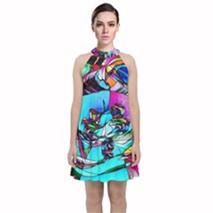 Abstract Flower Painting Velvet Halter Neckline Dress 