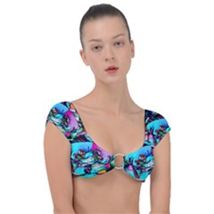 Abstract Flower Painting Cap Sleeve Ring Bikini Top