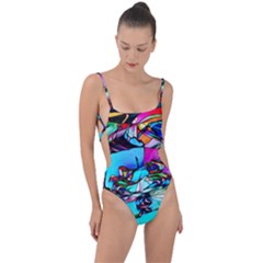 Abstract Flower Painting Tie Strap One Piece Swimsuit