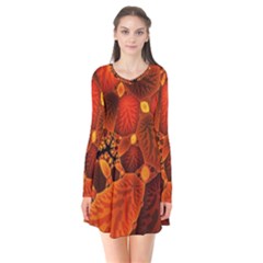 Leaf Autumn Nature Background Long Sleeve V-neck Flare Dress by Wegoenart