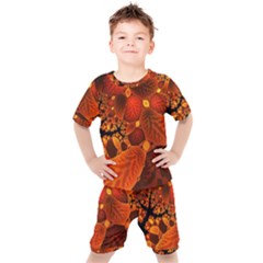 Leaf Autumn Nature Background Kids  Tee And Shorts Set by Wegoenart