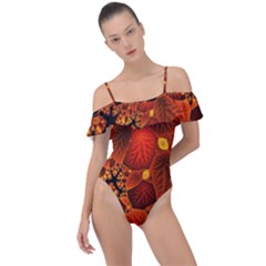 Leaf Autumn Nature Background Frill Detail One Piece Swimsuit