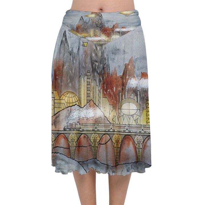 Airships Flight Travel Sky Velvet Flared Midi Skirt