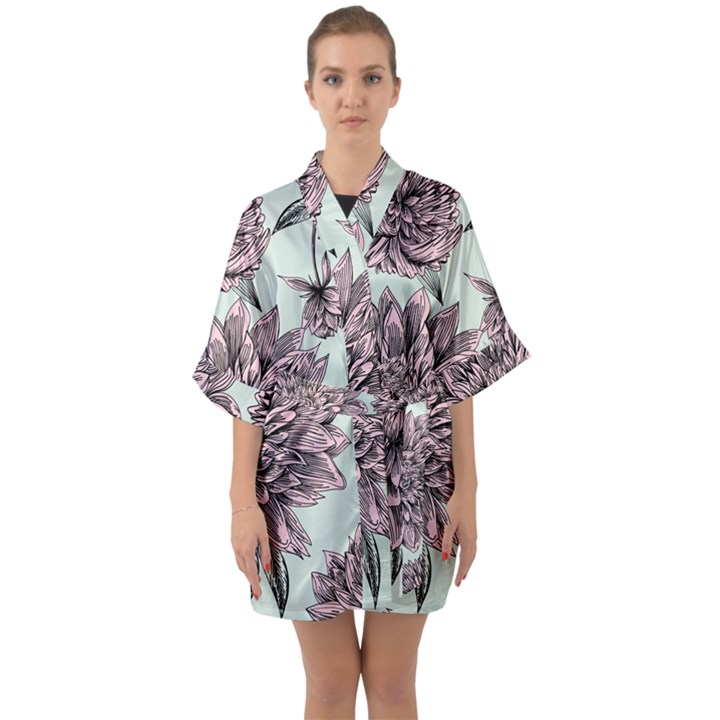 Flowers Half Sleeve Satin Kimono 