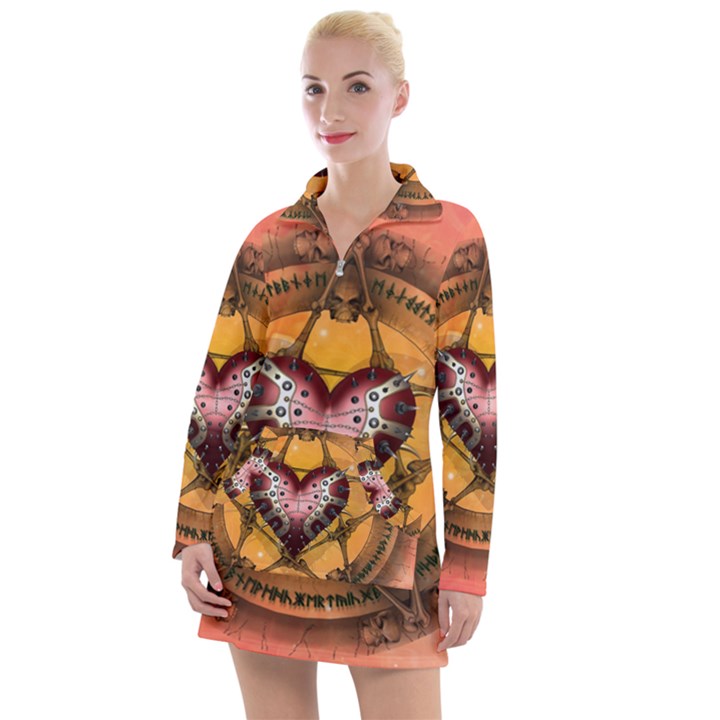 Awesome Heart On A Pentagram With Skulls Women s Long Sleeve Casual Dress