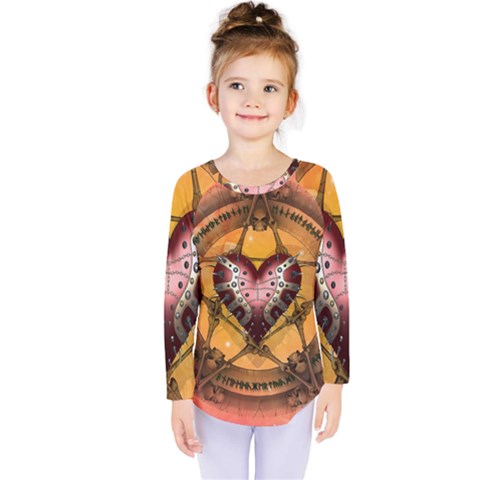 Awesome Heart On A Pentagram With Skulls Kids  Long Sleeve Tee by FantasyWorld7