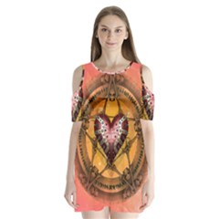 Awesome Heart On A Pentagram With Skulls Shoulder Cutout Velvet One Piece by FantasyWorld7