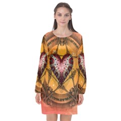 Awesome Heart On A Pentagram With Skulls Long Sleeve Chiffon Shift Dress  by FantasyWorld7