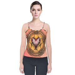 Awesome Heart On A Pentagram With Skulls Velvet Spaghetti Strap Top by FantasyWorld7