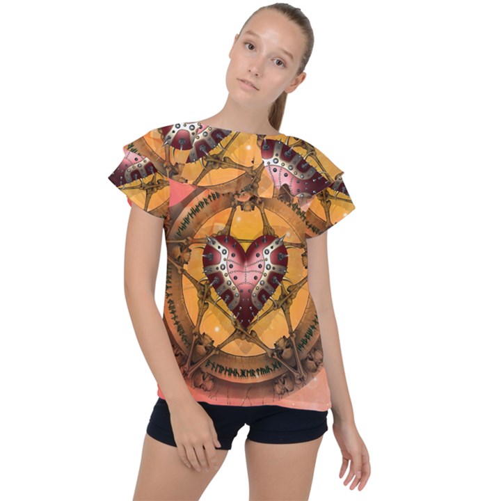 Awesome Heart On A Pentagram With Skulls Ruffle Collar Chiffon Blouse