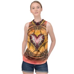 Awesome Heart On A Pentagram With Skulls High Neck Satin Top by FantasyWorld7