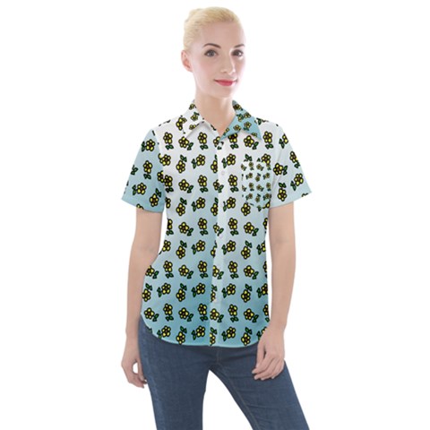 Blue Gradient Flower Women s Short Sleeve Pocket Shirt by snowwhitegirl