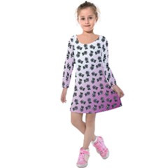 Magenta Gradient Flower Kids  Long Sleeve Velvet Dress