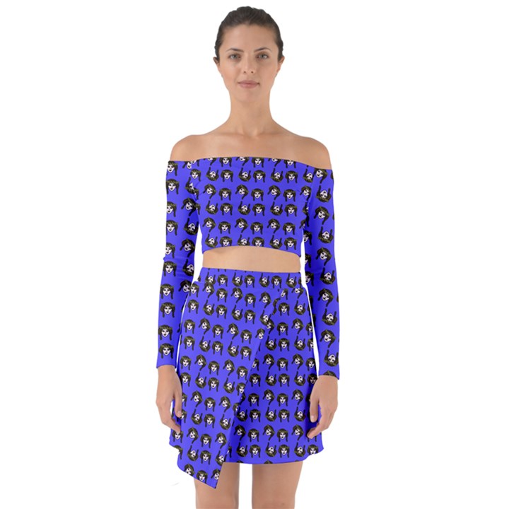 Retro Girl Daisy Chain Pattern Blue Off Shoulder Top with Skirt Set