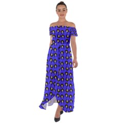 Retro Girl Daisy Chain Pattern Blue Off Shoulder Open Front Chiffon Dress