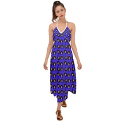 Retro Girl Daisy Chain Pattern Blue Halter Tie Back Dress  by snowwhitegirl