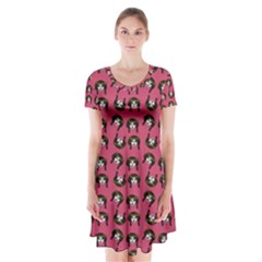 Retro Girl Daisy Chain Pattern Pink Short Sleeve V-neck Flare Dress