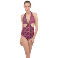 Retro Girl Daisy Chain Pattern Pink Halter Front Plunge Swimsuit by snowwhitegirl