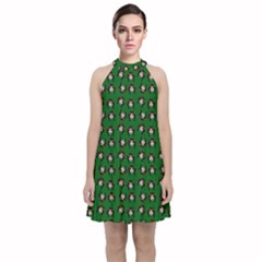 Retro Girl Daisy Chain Pattern Green Velvet Halter Neckline Dress  by snowwhitegirl