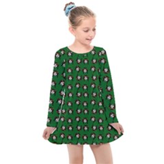 Retro Girl Daisy Chain Pattern Green Kids  Long Sleeve Dress by snowwhitegirl