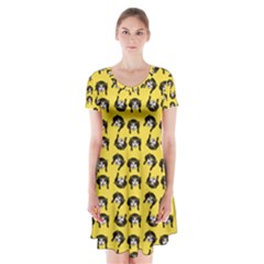 Retro Girl Daisy Chain Pattern Yellow Short Sleeve V-neck Flare Dress by snowwhitegirl