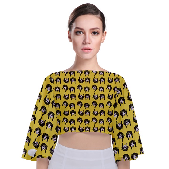 Retro Girl Daisy Chain Pattern Yellow Tie Back Butterfly Sleeve Chiffon Top