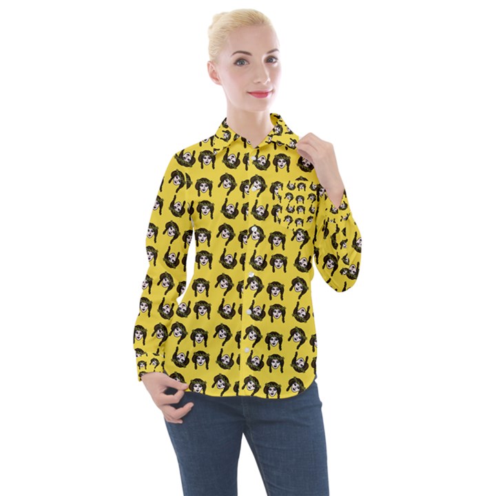 Retro Girl Daisy Chain Pattern Yellow Women s Long Sleeve Pocket Shirt