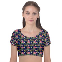 Vintage Can Floral Blue Velvet Short Sleeve Crop Top  by snowwhitegirl