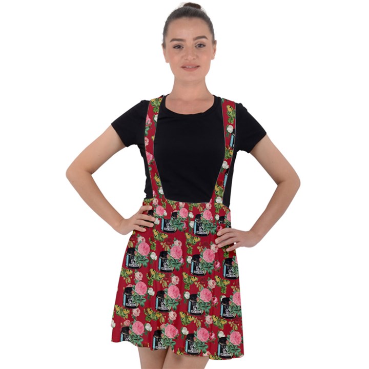 Vintage Can Floral Red Velvet Suspender Skater Skirt