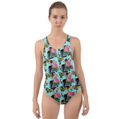 Vintage Can Floral Light Blue Cut-out Back One Piece Swimsuit by snowwhitegirl