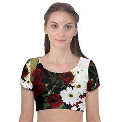 Roses 1 2 Velvet Short Sleeve Crop Top  by bestdesignintheworld