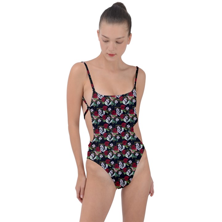 Vintage Hippie Girl Pattern Black Tie Strap One Piece Swimsuit