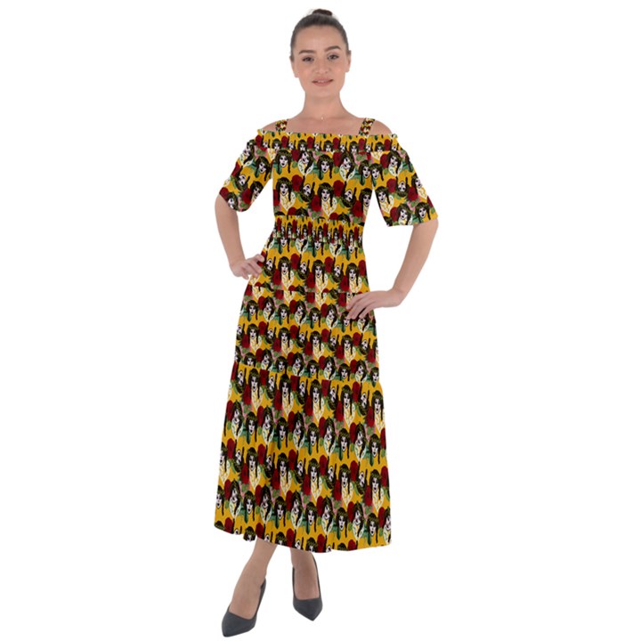 Vintage Hippie Girl Pattern Yellow Shoulder Straps Boho Maxi Dress 