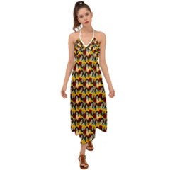 Vintage Hippie Girl Pattern Yellow Halter Tie Back Dress 