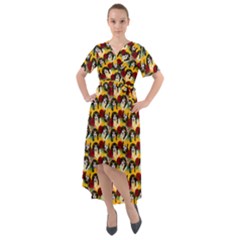 Vintage Hippie Girl Pattern Yellow Front Wrap High Low Dress