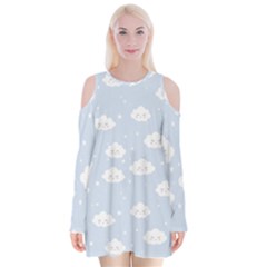 Kawaii Cloud Pattern Velvet Long Sleeve Shoulder Cutout Dress by Valentinaart