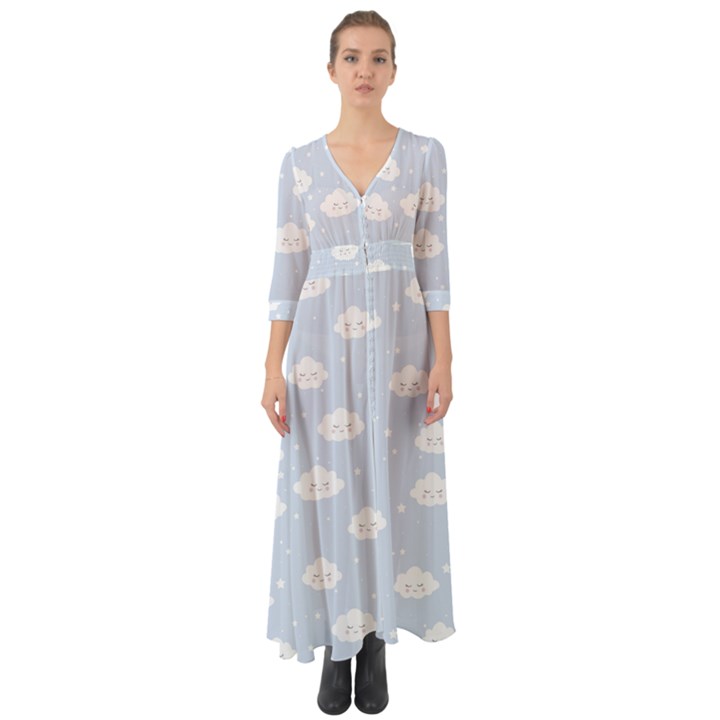 Kawaii cloud pattern Button Up Boho Maxi Dress