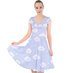 Kawaii Cloud Pattern Cap Sleeve Front Wrap Midi Dress by Valentinaart