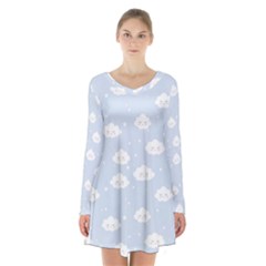 Kawaii Cloud Pattern Long Sleeve Velvet V-neck Dress by Valentinaart