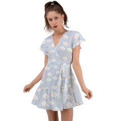 Kawaii Cloud Pattern Flutter Sleeve Wrap Dress by Valentinaart